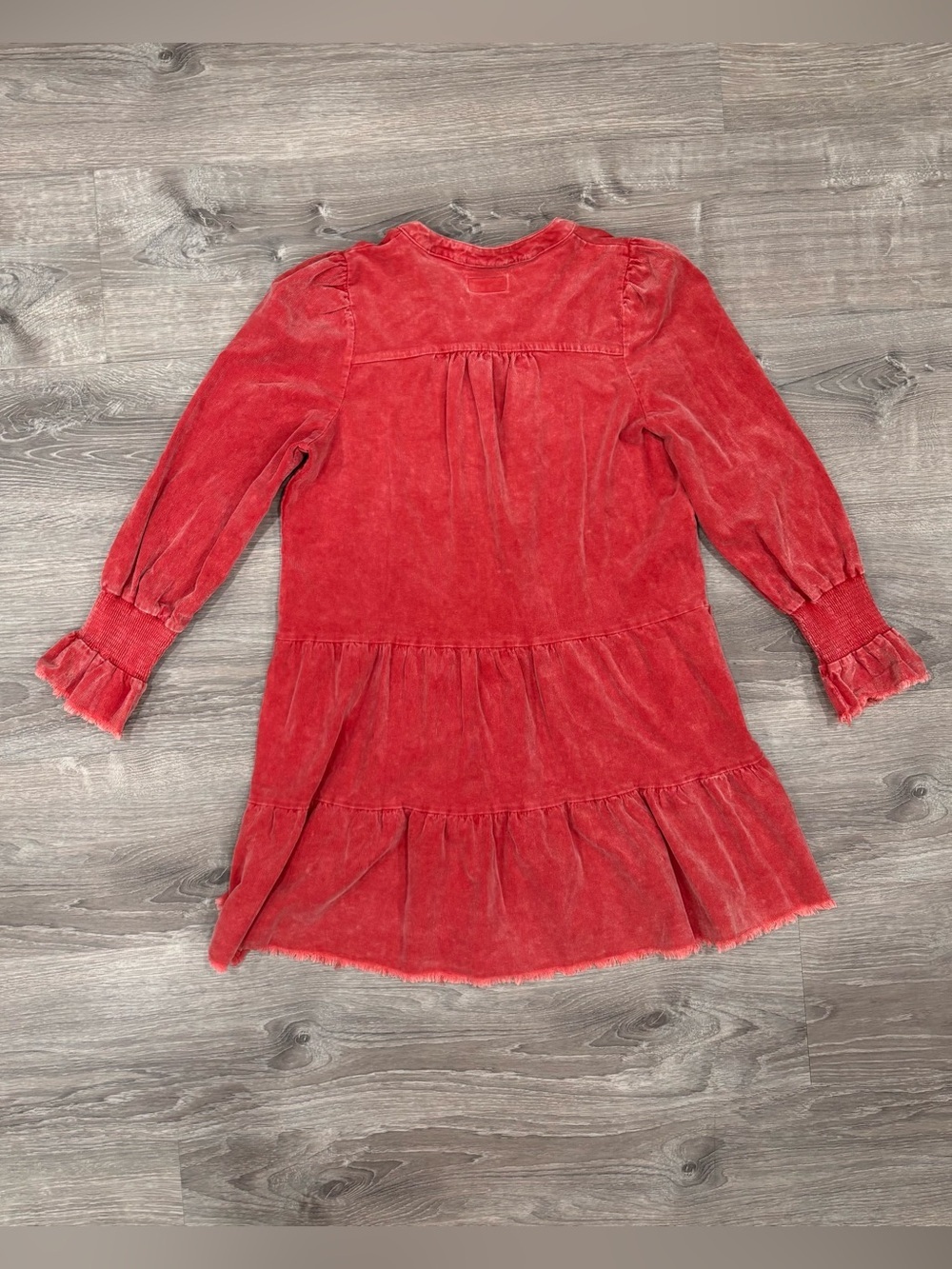 Umgee NWT Medium Red Stone Washed Corduroy V-Neck Tiered Dress Smocked Sleeves - Picture 6 of 6